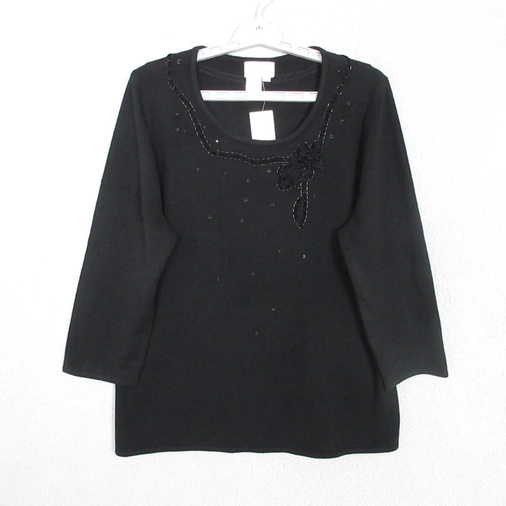 Coldwater Creek Black Velvet Ribbon Trim Beaded Sequin Sweater Top L NEW